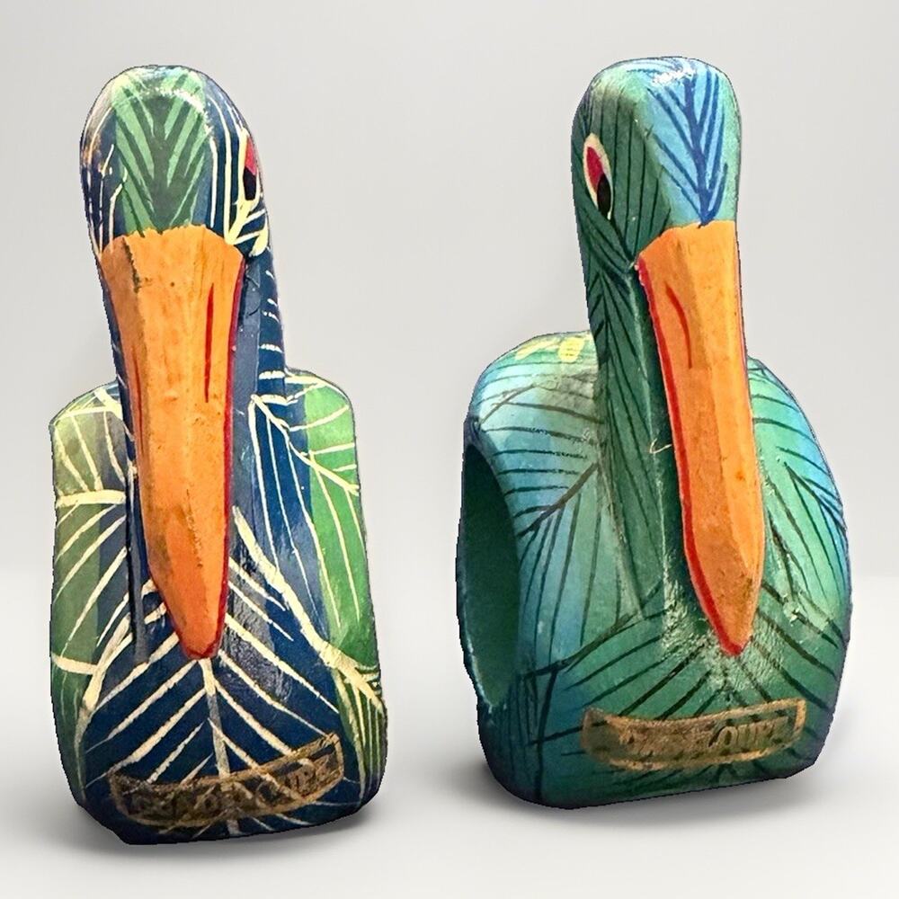Vintage Hand-Painted Wooden Pelican Napkin Rings SET of 2 Green Blue GUADALUPE